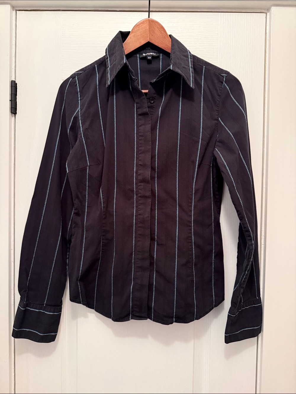 le chateau Black Button-Down Shirt with Light Blue Pinstripes